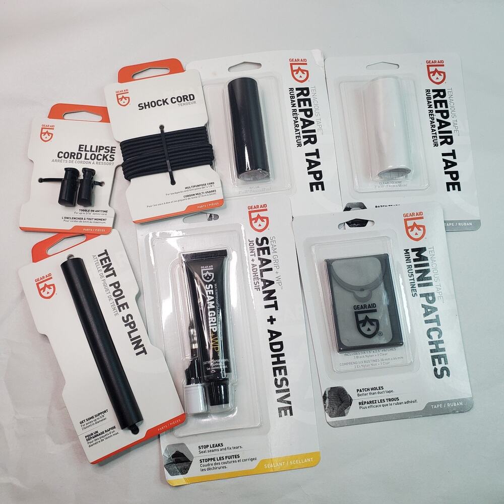 Gear Aid Lot Of 7 - 2 Repair Tape, Tent Splint, Seam Grip, Patches, Cord *READ*